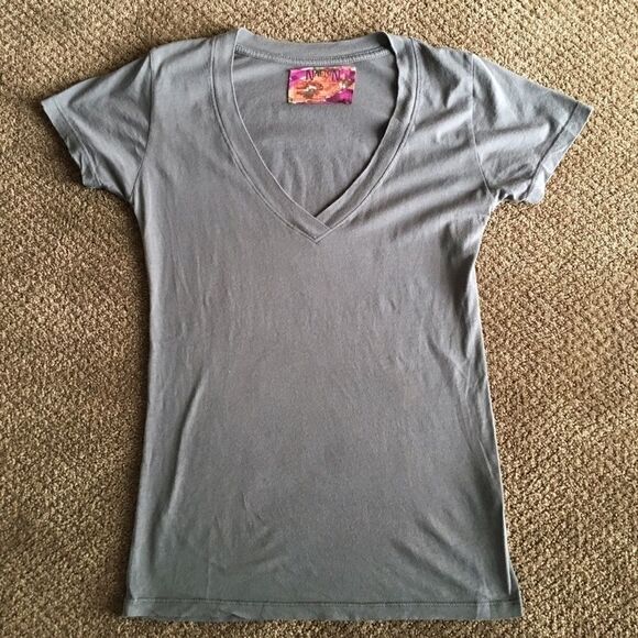 Nation V Neck Grey Basic T-Shirt - Picture 1 of 4